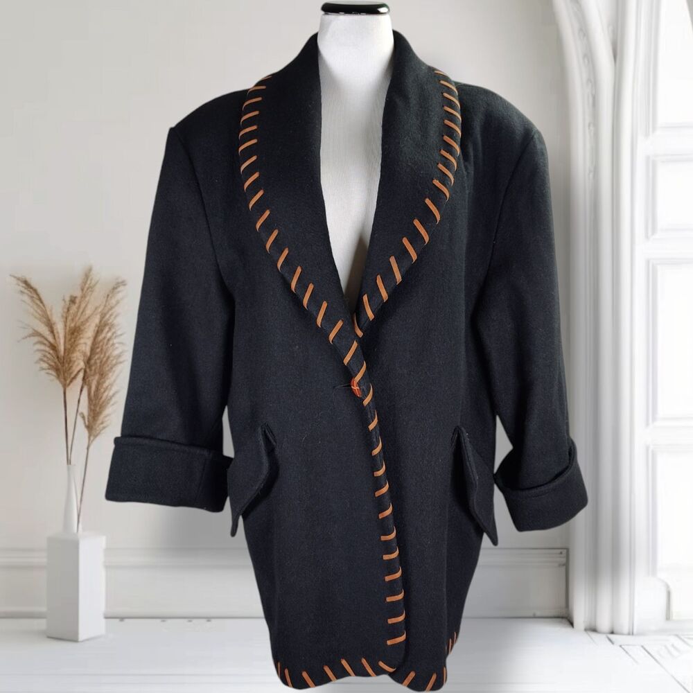 Vintage 90s Southwestern Coat Size L Black One Button Whipstitch Trim